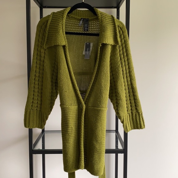 Bisou Bisou Green Chunky Collared Tie Waist Knit One-Button 3/4 Sleeve Cardigan - Picture 6 of 9